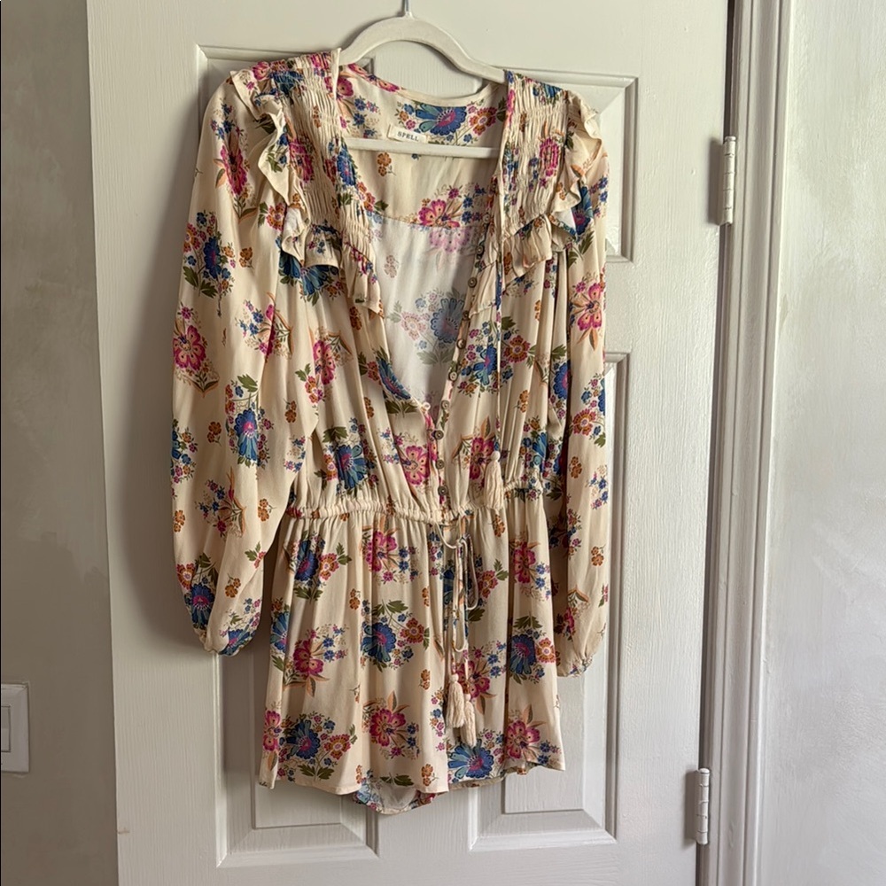 Spell Cream Floral Ruffle Long Sleeve Romper with Drawstring